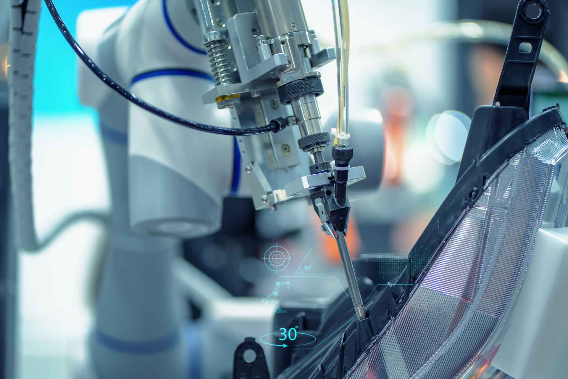 The robotics arm with automatic force tightening screw driver while the screw driver integrated with force control technology , The robot tightening the plastic or glass parts of vehicle in assemblies process.